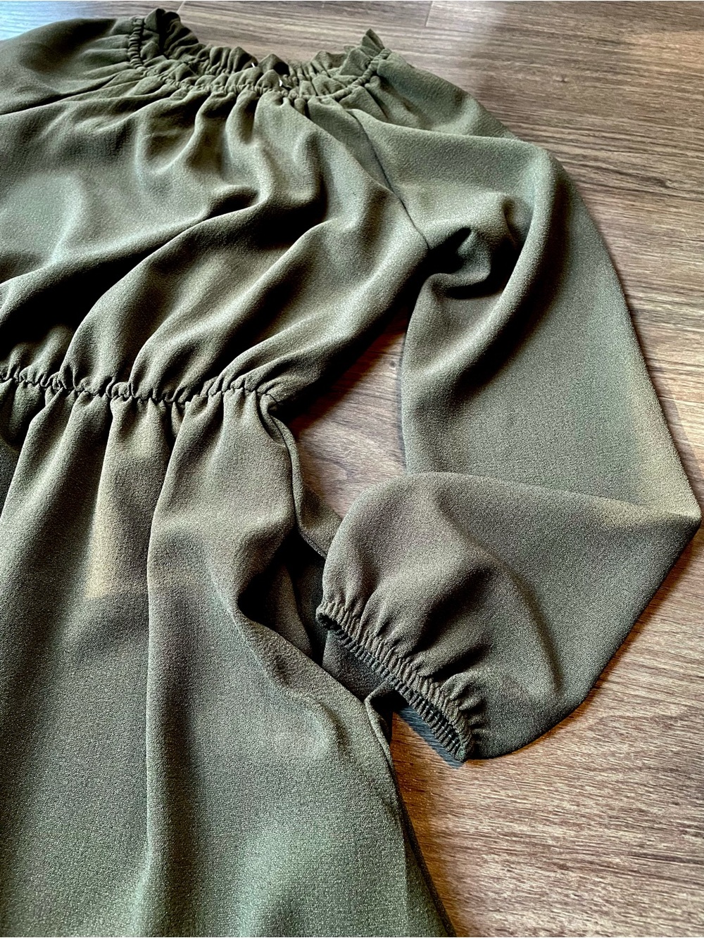 Dark Olive Green Long Sleeve Elastic Waist Dress - Picture 2 of 9